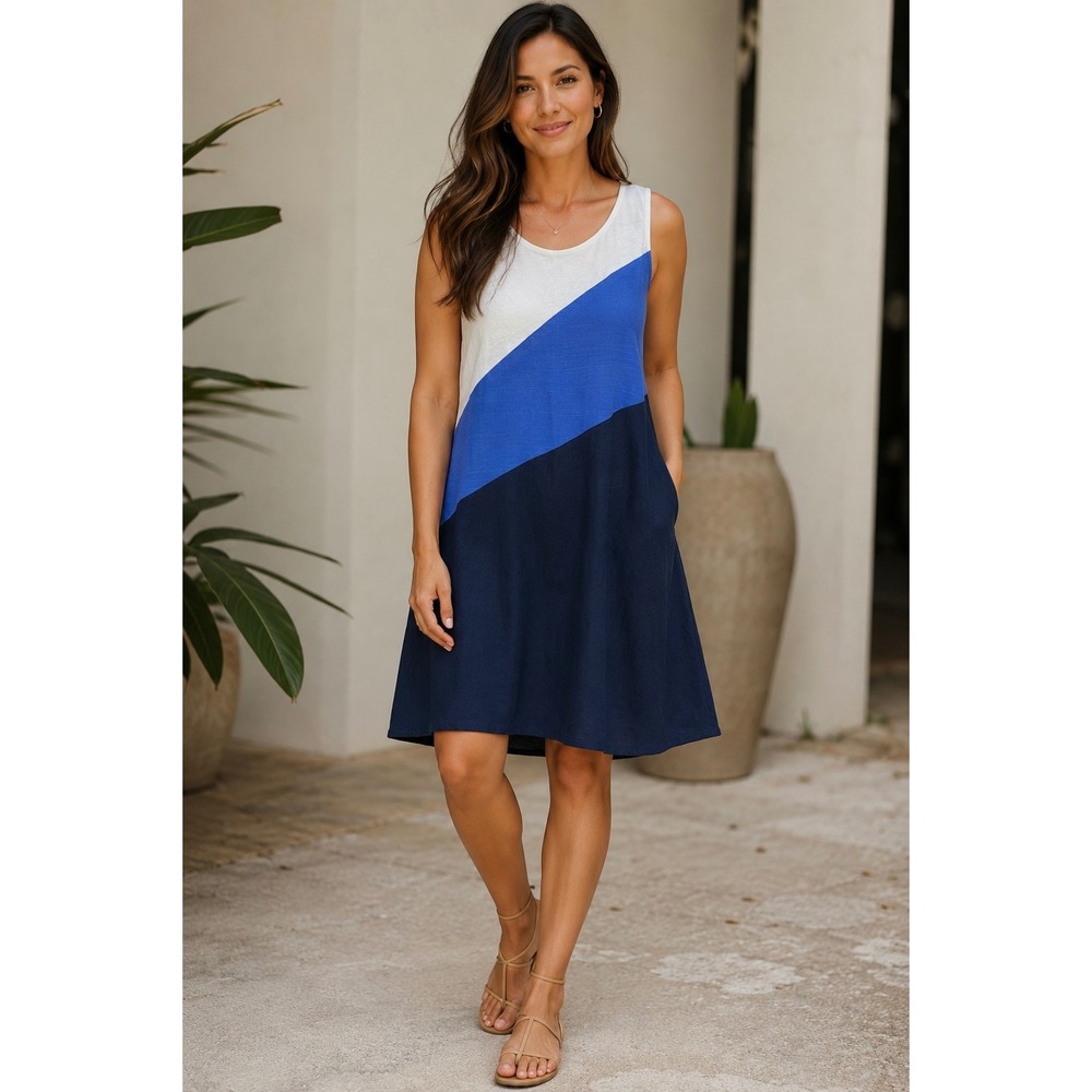Dea Positano Italy Linen Colorblock Sleeveless A-Line Dress Blue White XL‎